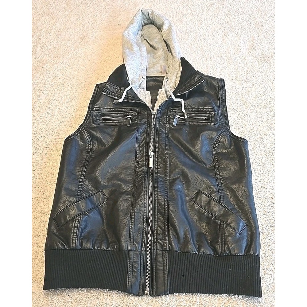 Vanity Hooded Leather Look Double Zip‎ Vest Black/gray Juniors/teens M Y2K 90s - Picture 8 of 14